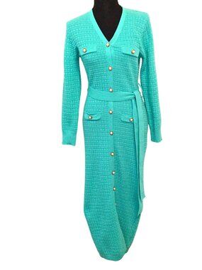 WOMEN'S STYLEWE TURQUOISE PEARL BUTTON UP KNIT DRESS W/ WRAP BELT - SIZE  S